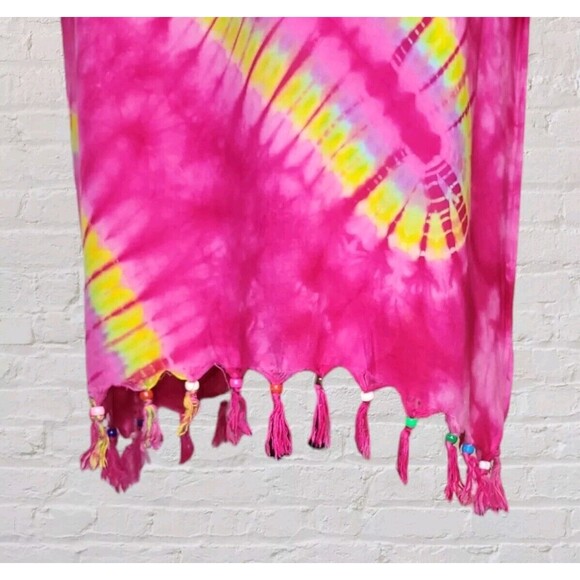 Tie Dye Midi Dress Juniors LG Pink Sleeveless Beaded Fringe Boho Hippie Gypsy - Picture 4 of 6